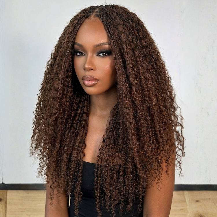 Braided & Curly Mixed Style Dark Brown Curly Lace Wig with Frontal Box Braids - Pre-plucked Natural Hairline- Rafarada