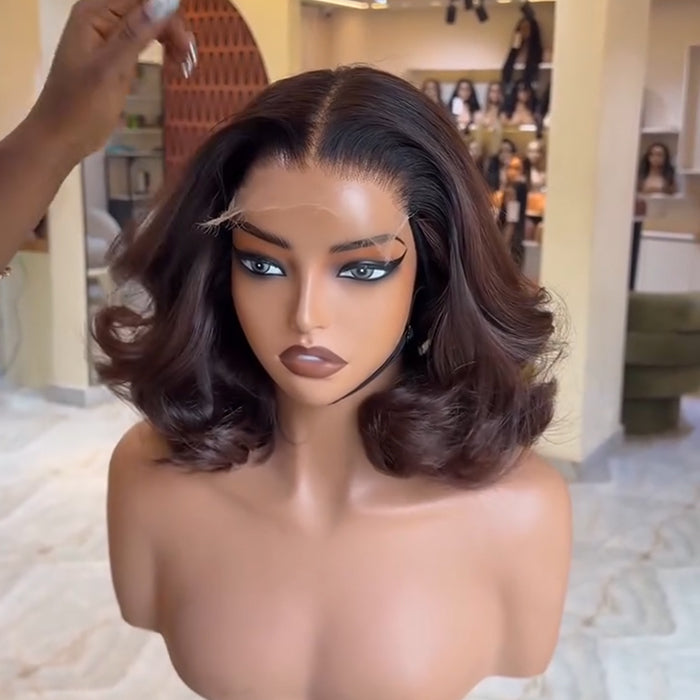 Deep Chocolate Brown Lace Front Bob Wig HD Pre Plucked Loose Wave Human Hair Wigs for Women - Rafarada