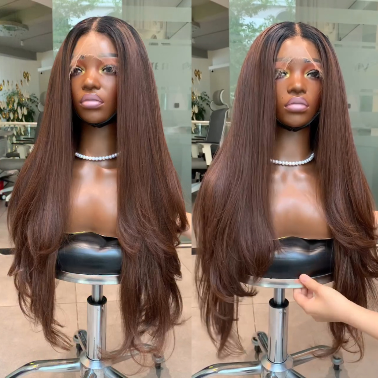 Chocolate Brown Layered Lace Front Wig Dark Roots Chestnut Brown Straight Human Hair Wig with Layers - Rafarada