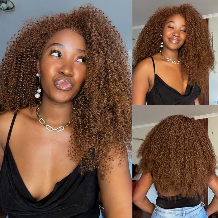 Voluminous #30 Auburn Brown Kinky Curly Wig Natural Edges Looking Side Part Fluffy Long Wig - Rafarada