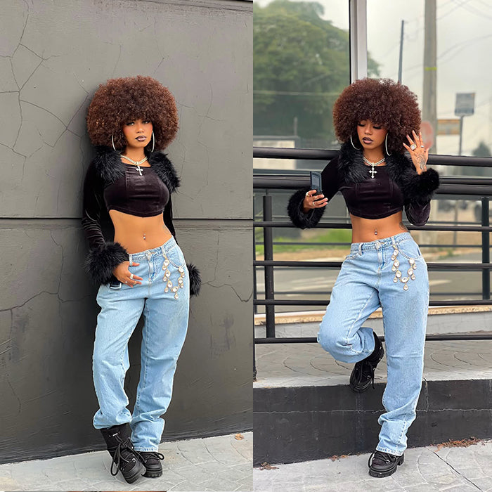 Big Fluffy Afro Kinky Curly Wig with Bangs Highlights Brown Mix Blonde Glueless Human Hair Wigs for Women - Rafarada