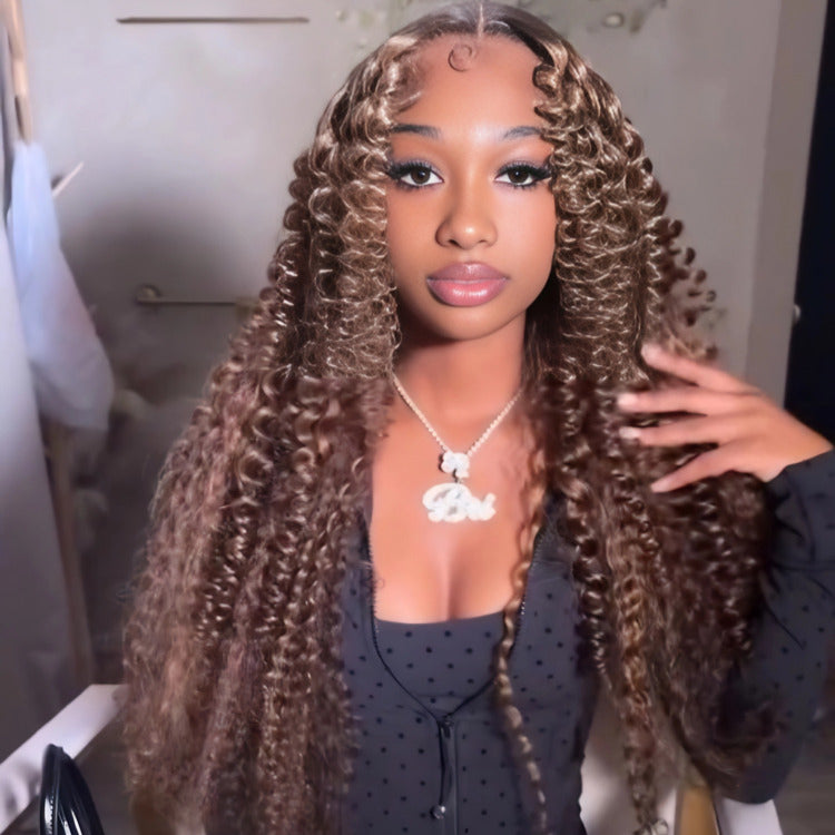 Ombre Brown Honey Blonde Color Loose Bouncy Curl Wave Lace Front Human Hair Wigs Pre-Plucked Hairline - Rafarada