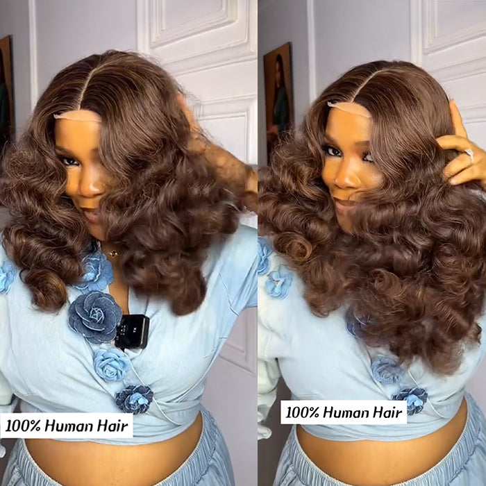 Chocolate Brown Bouncy Loose Wave Human Hair Wigs Lace Front Wig Pre Plucked Ash Brown Loose Curly Hair for Women - Rafarada