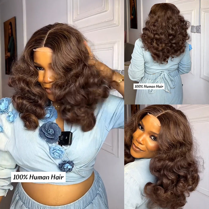 Chocolate Brown Bouncy Loose Wave Human Hair Wigs Lace Front Wig Pre Plucked Ash Brown Loose Curly Hair for Women - Rafarada