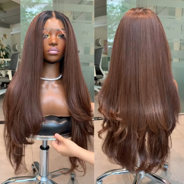 Chocolate Brown Layered Lace Front Wig Dark Roots Chestnut Brown Straight Human Hair Wig with Layers - Rafarada