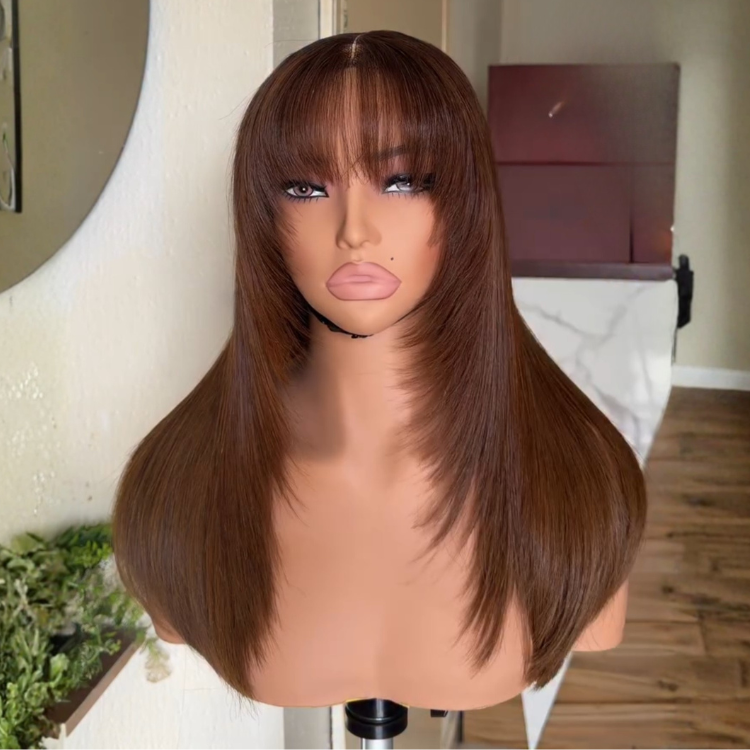 Lace Wig with Bangs Highlight Human Hair Layered Straight Hair Free Part Human Hair - Rafarada