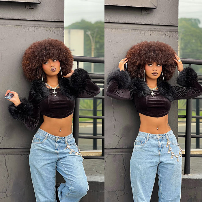 Big Fluffy Afro Kinky Curly Wig with Bangs Highlights Brown Mix Blonde Glueless Human Hair Wigs for Women - Rafarada