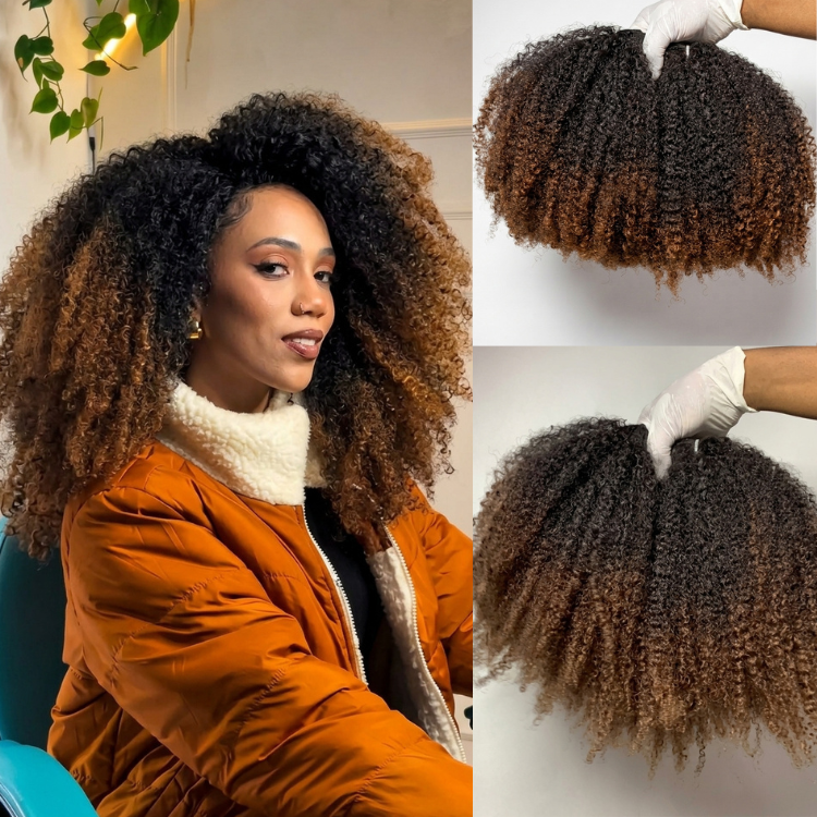 Ombre Afro Kinky Curly Human Hair Bundles - T1B/30 Honey Brown Kinky Coily Weaves for Black Women - Rafarada