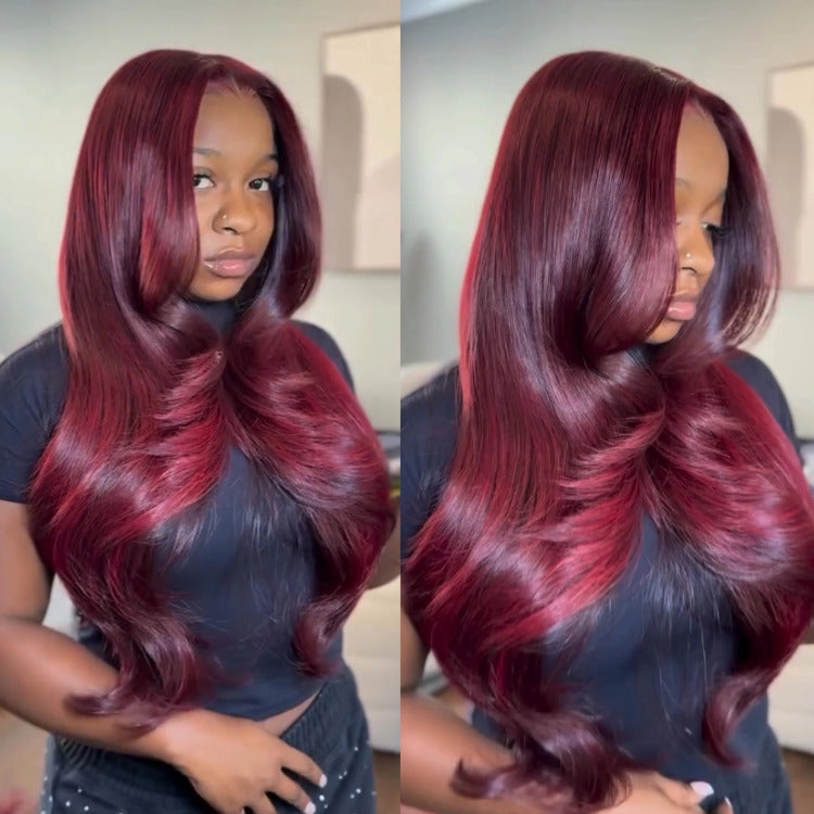 Burgundy Color Body Wave Human Hair Wig Lace Frontal Glueless Wig - Rafarada