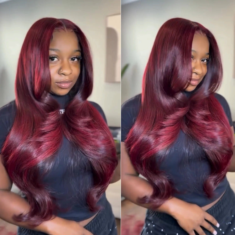 Burgundy Color Body Wave Human Hair Wig Lace Frontal Glueless Wig - Rafarada