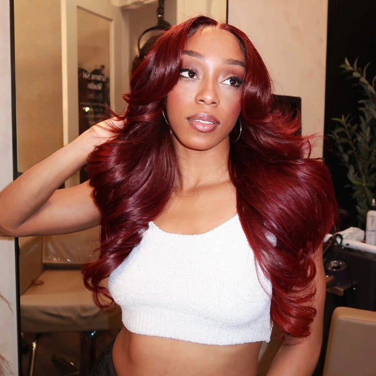 Burgundy Color Body Wave Lace Front Human Hair Wigs Glueless Wear and Go Wig - Rafarada