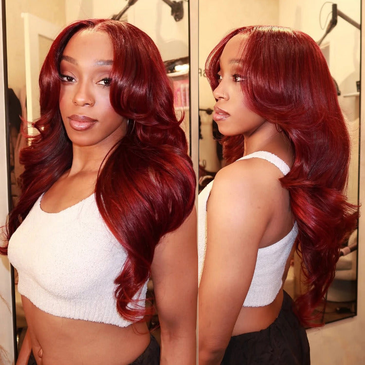 Burgundy Color Body Wave Lace Front Human Hair Wigs Glueless Wear and Go Wig - Rafarada