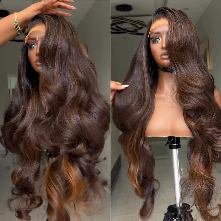 Chocolate Brown Color Body Wave Human Hair Wig HD Lace Front Ombre Colored Wig  - Rafarada