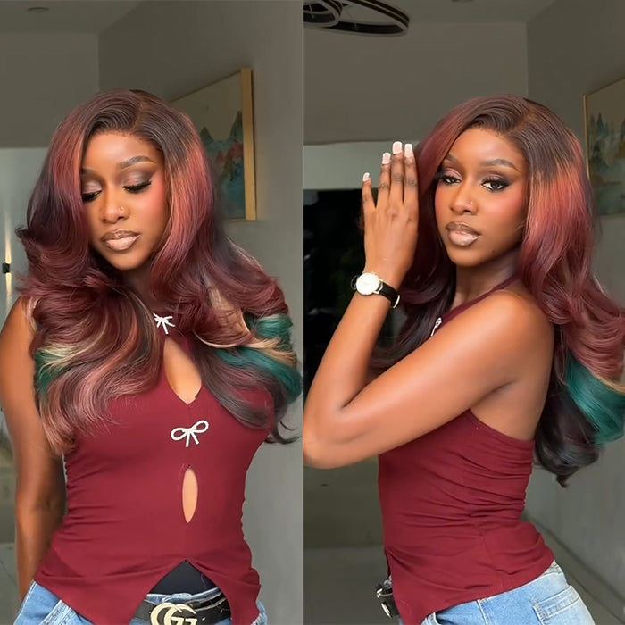 Dark Red & Green Highlights Body Wave with Blonde Hair Wig Glueless Layered Side Part Human Hair - Rafarada