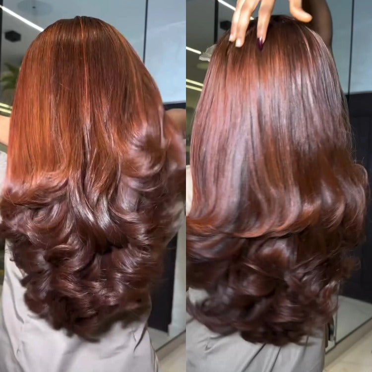 Copper Red Body Wave Lace Front Human Hair Wigs High Density Brown End Curl Wig for Women HD Lace Frontal Glueless Wig - Rafarada