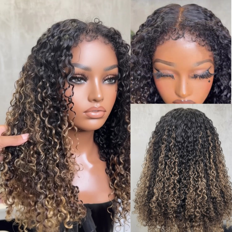 Brown Highlight Curly Human Hair Wig Glueless Pre-Plucked Hairline Soft Tigh Curly Texture Beginner Friendly Lace Wig - Rafarada