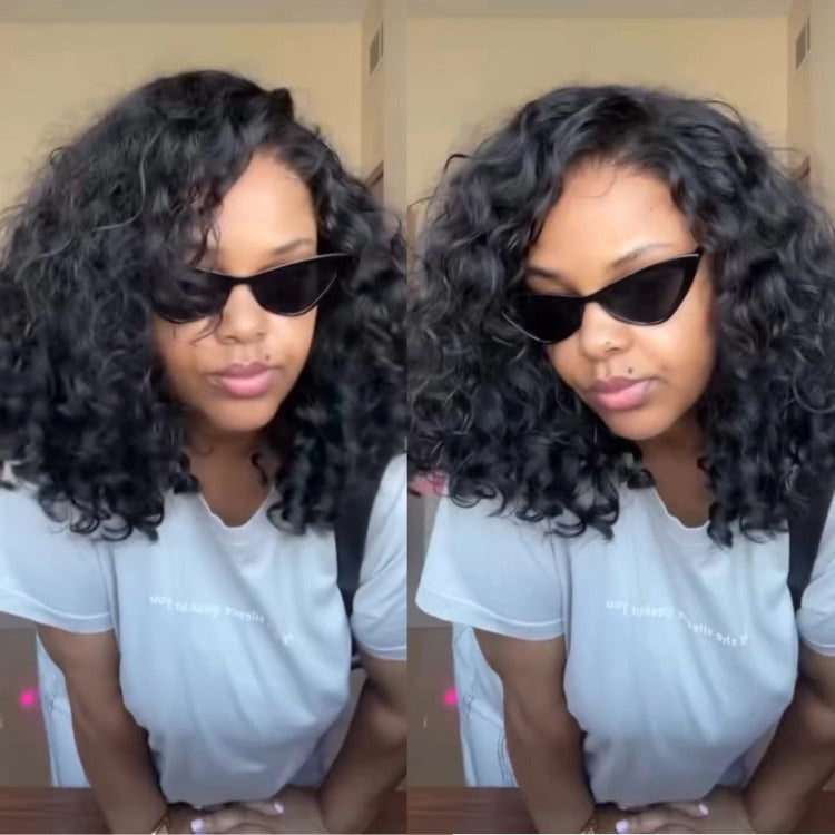 Short Loose Curly Bob Wig Natural Black Natural Look Human Hair Lace Wig - Rafarada