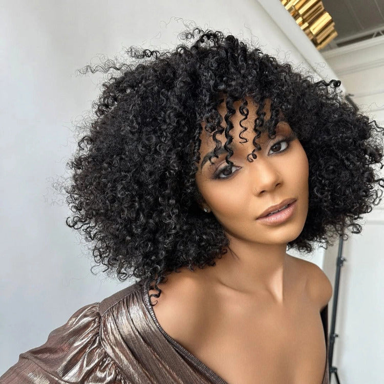 Afro Curly Skin Base Wig Full Mechanism Human Hair Wig With Bangs- Rafarada