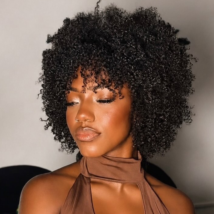 Afro Kinky Curly Glueless Human Hair Wig with Bangs Natural Black High Bouncy Coily Hair Wig- Rafarada