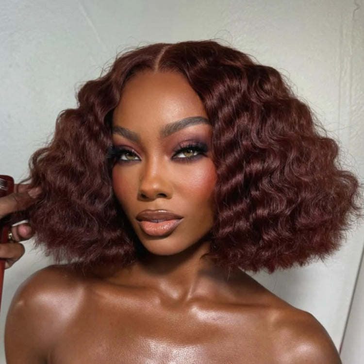 Reddish Brown Deep Wave Short Bob Wig HD Lace Frontal Human Hair Wigs - Rafarada