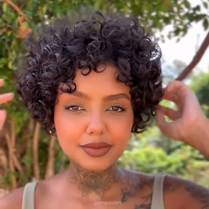 Bouncy Short Jerry Curly Pixie Cut Wig Natural Black Full Lace & Glueless Machine Made Human Hair - Rafarada