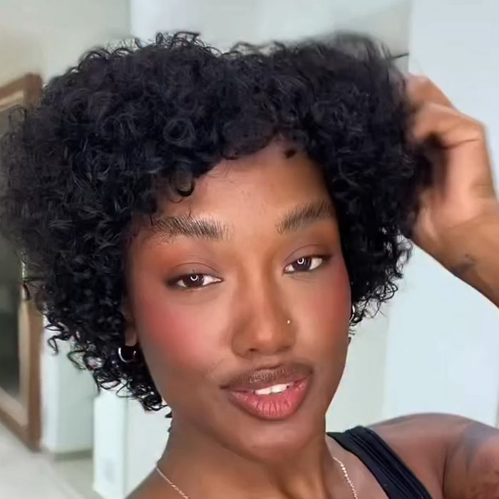 Short Curly Human Hair Wig Natural Black Glueless Pixie Cut Curly Wig for Black Women - Rafarada