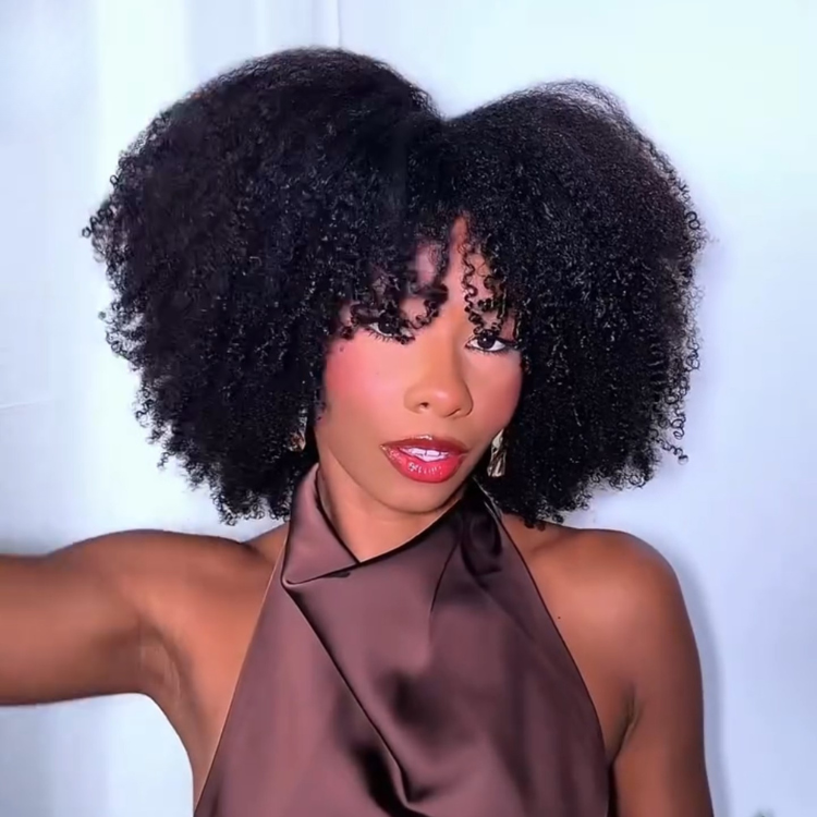 Kinky Straight with End Curl Human Hair Wig with Bangs for Women Afro Curly Glueless Wig Natural Black Color - Rafarada