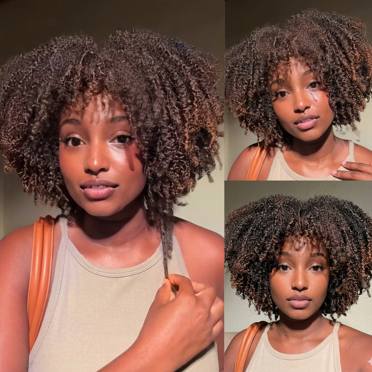 Realistic 4C Afro Coily Wig with Bangs Ombre Brown Highlights Kinky Curly Voluminous Short Bob Wig - Rafarada