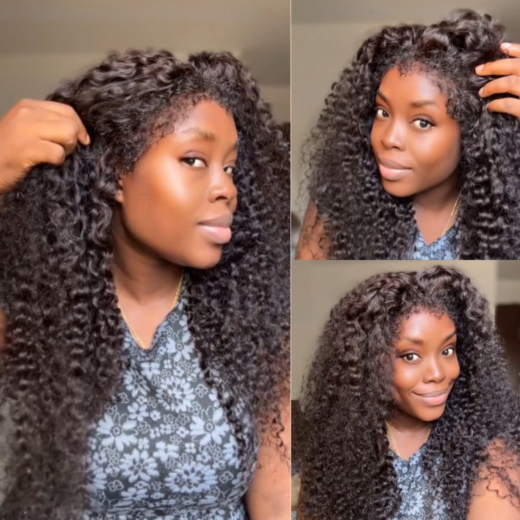 Deep Curly Glueless Human Hair Wigs with 4C Edges Curly Hairline Natural Black Lace Frontal Wig for Women - Rafarada