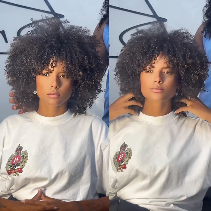 Short Afro Kinky Curly Bob Wig with Bangs - Natural Black Glueless Curly Human Hair Wigs for Women - Rafarada
