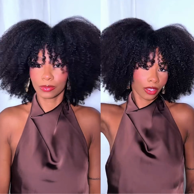 Kinky Straight with End Curl Human Hair Wig with Bangs for Women Afro Curly Glueless Wig Natural Black Color - Rafarada