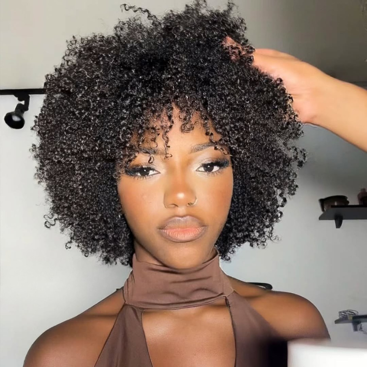 Afro Kinky Curly Glueless Human Hair Wig with Bangs Natural Black High Bouncy Coily Hair Wig- Rafarada