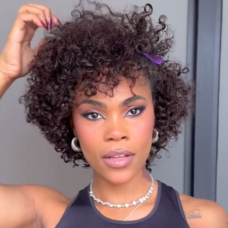 Short Jerry Curly Bob Wig with Bangs Dark Brown Glueless Machine Made & Lace Wig Bouncy Curly Hair- Rafarada