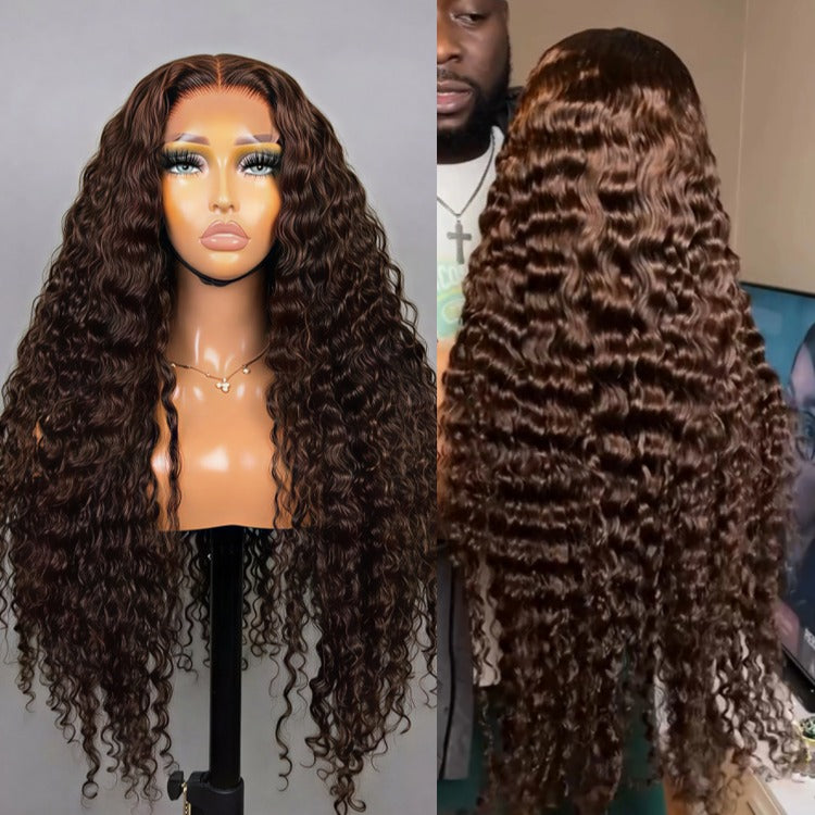 Chocolate Brown Deep Wave Wigs HD Transparent Lace Frontal Human Hair Wigs - Rafarada