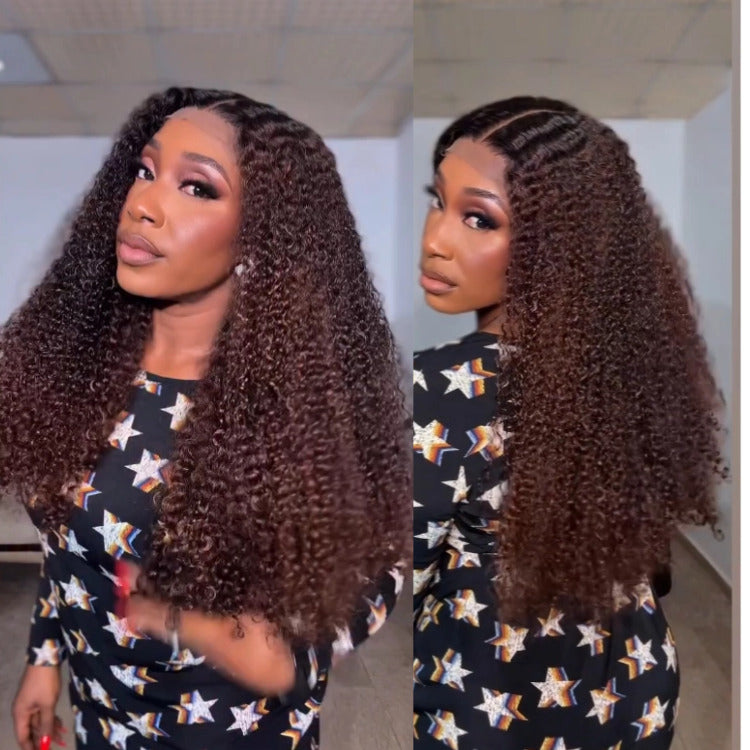 Kinky Curly Human Hair Wig Dark Brown Color HD Lace Prebleached Knots Hairline Wig - Rafarada