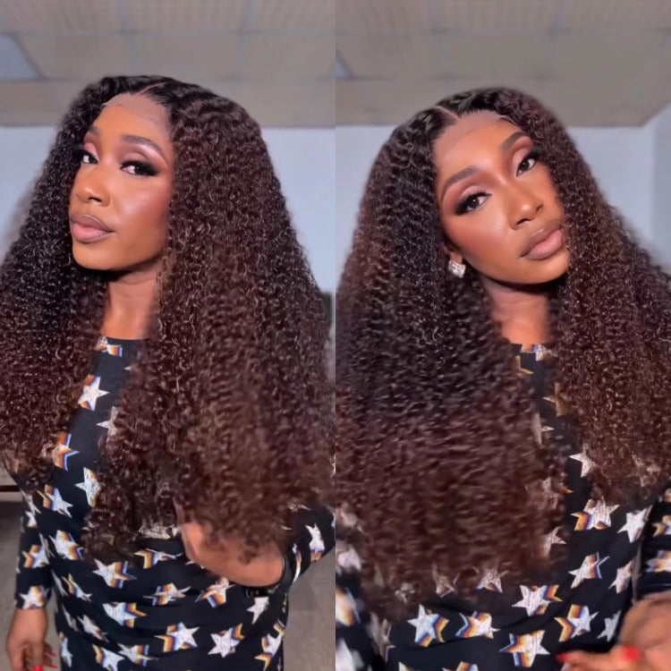 Kinky Curly Human Hair Wig Dark Brown Color HD Lace Prebleached Knots Hairline Wig - Rafarada