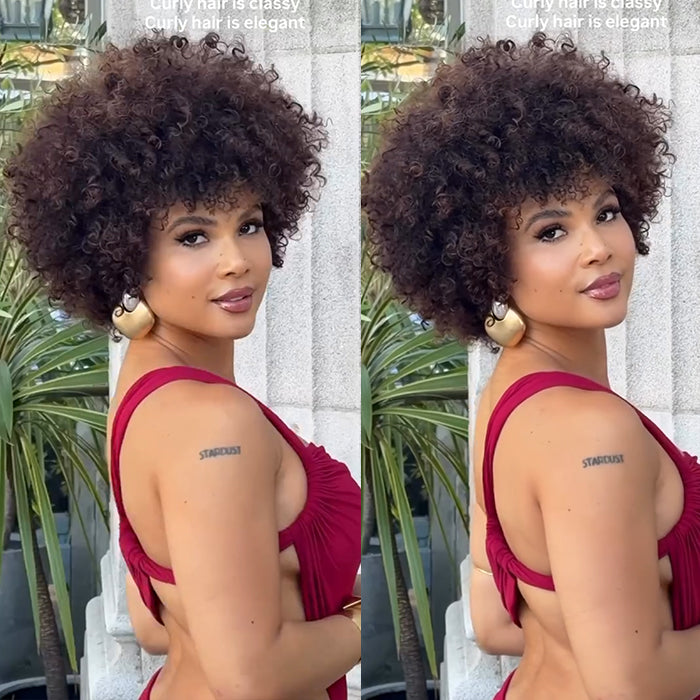 Afro Curly Human Hair Lace Front Wig Dark Brown Color Glueless Afro Textured Natural Wig With Bangs- Rafarada