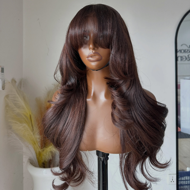 Dark Brown Layered Cut Wig with Bangs Retro Luxury Big Curl Virgin Human Hair Wig  - Rafarada