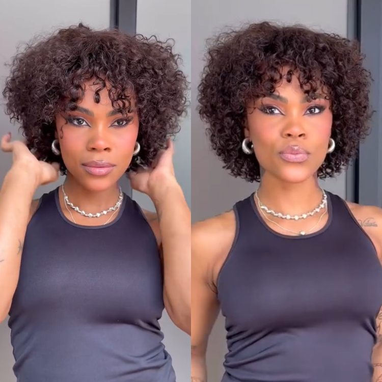 Short Jerry Curly Bob Wig with Bangs Dark Brown Glueless Machine Made & Lace Wig Bouncy Curly Hair- Rafarada