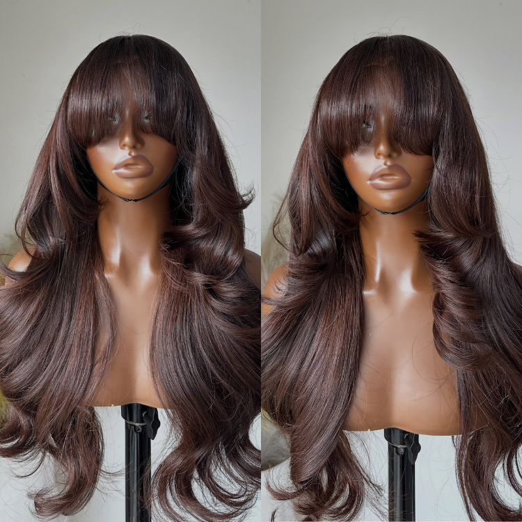 Dark Brown Layered Cut Wig with Bangs Retro Luxury Big Curl Virgin Human Hair Wig  - Rafarada