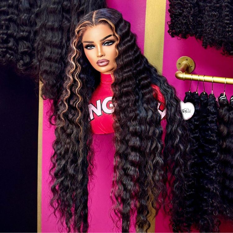 Long Loose Deep Wave Blond Highlight Wig Colored Human Hair Lace Front Wigs Black Wig With Blond Highlights - Rafarada