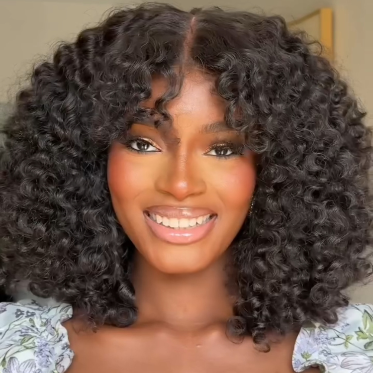 Wear and Go Glueless Deep Curly Wig with Bangs No Glue Human Hair Bob Wig Natural Black Jerry Curly - Rafarada