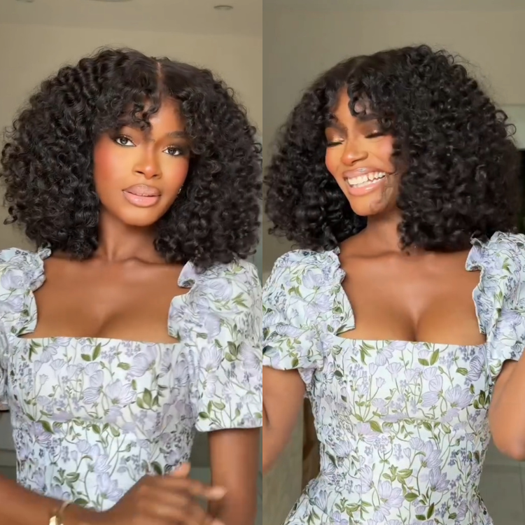 Wear and Go Glueless Deep Curly Wig with Bangs No Glue Human Hair Bob Wig Natural Black Jerry Curly - Rafarada