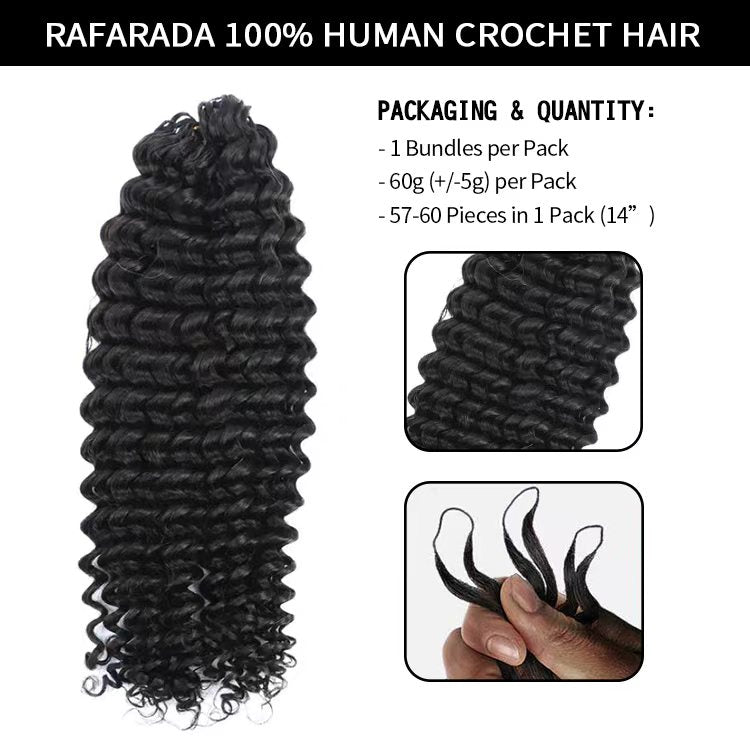 Deep Wave Crochet Human Hair Extensions 100% Human Raw Hair For Crochet Locs Black Color - Rafarada