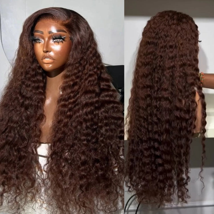 Chocolate Brown Deep Wave Wigs HD Transparent Lace Frontal Human Hair Wigs - Rafarada