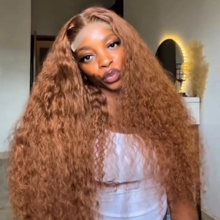 Golden Brown Color Deep Curly Wave Wig HD Transparent Lace Closure Wigs - Rafarada