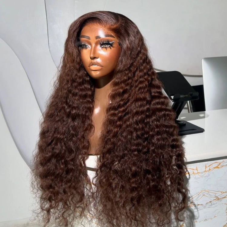 Chocolate Brown Deep Wave Wigs HD Transparent Lace Frontal Human Hair Wigs - Rafarada