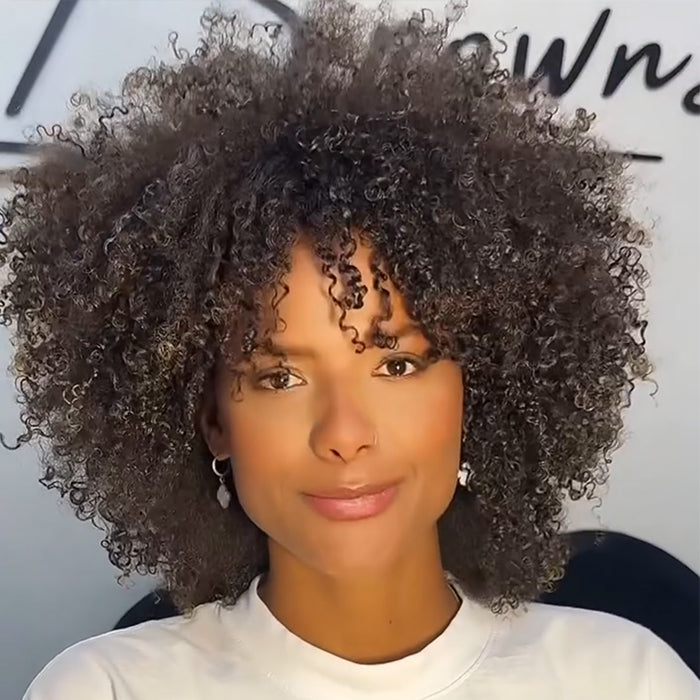 Short Afro Kinky Curly Bob Wig with Bangs - Natural Black Glueless Curly Human Hair Wigs for Women - Rafarada