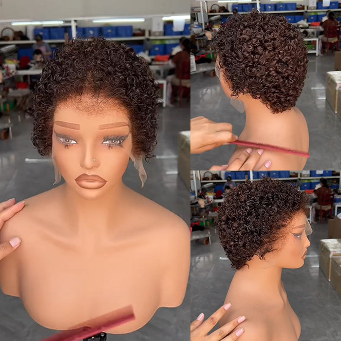 Short Pixie Cut Full Lace Natural Black Curly Human Hair Wig for Black Women Lace Front Wig with Edges Curly Bob Wig - Rafarada