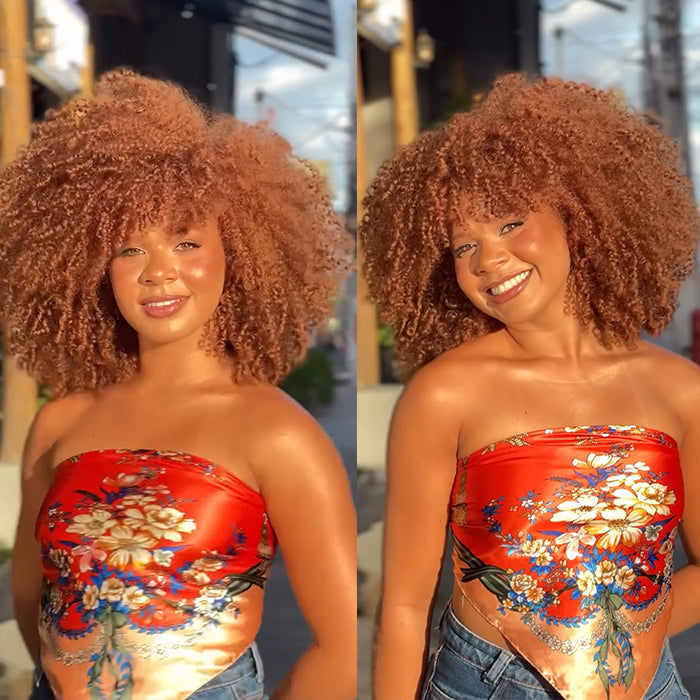 Caramel Brown Afro Kinky Curly Human Hair Wig 220% Density Coily Afro Bob Glueless 100% Human Hair Wigs for Women - Rafarada